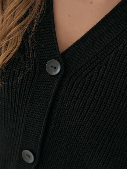 Close-up of the Onyx Cardigan by Lauven, featuring oversized knit texture and button-front design in black.