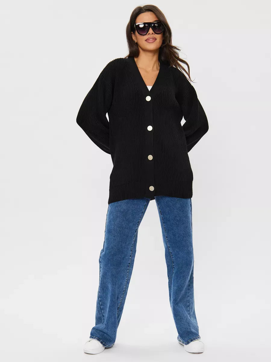 Onyx Cardigan by Lauven - oversized black wool blend knitwear, featuring a relaxed fit and stylish button details.