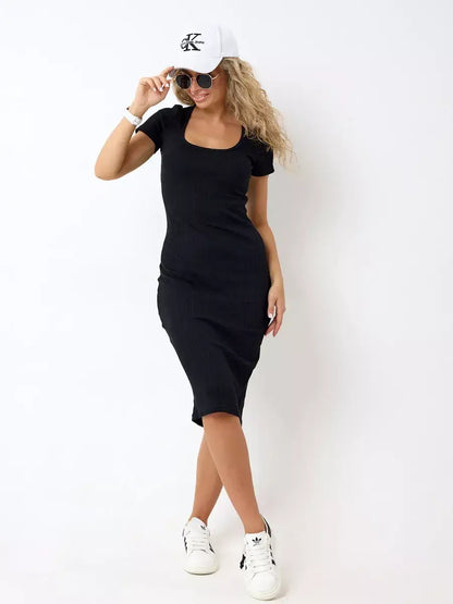 Onyx Midi Dress by Lauven, sleek black ribbed knitwear, figure-hugging silhouette, perfect for casual sophistication.