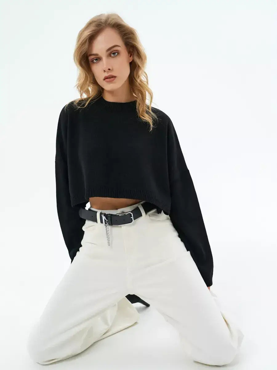 Onyx Sweater by Lauven, cropped oversized knit in black, showcasing minimalist style and modern edge.