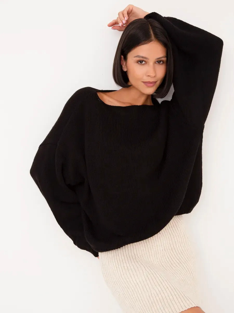 Onyx Sweater by Lauven—Oversized women’s knit sweater with boat neck in classic black, showcasing cozy style and elegance.