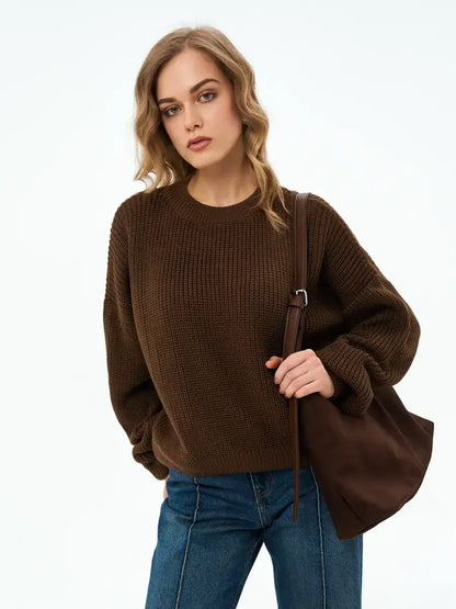 Orion Sweater by Lauven in chocolate brown, showcasing oversized knitwear with a modern, stylish look.