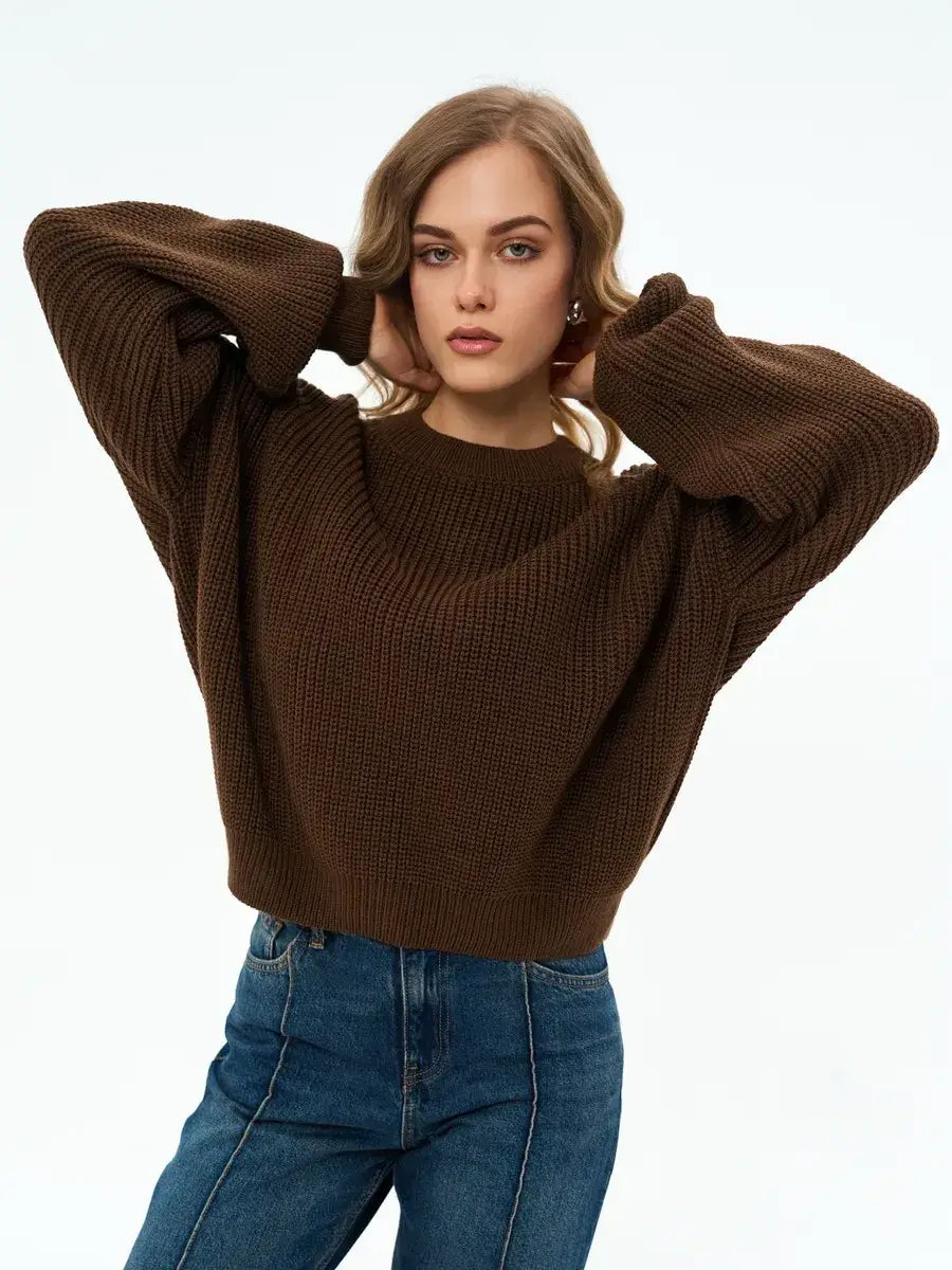 Orion Sweater by Lauven in chocolate brown, featuring an oversized knit design for comfort and style.