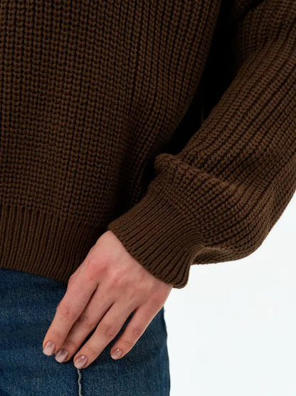 Orion Sweater by Lauven in chocolate brown oversized knitwear showcasing ribbed texture and stylish fit.