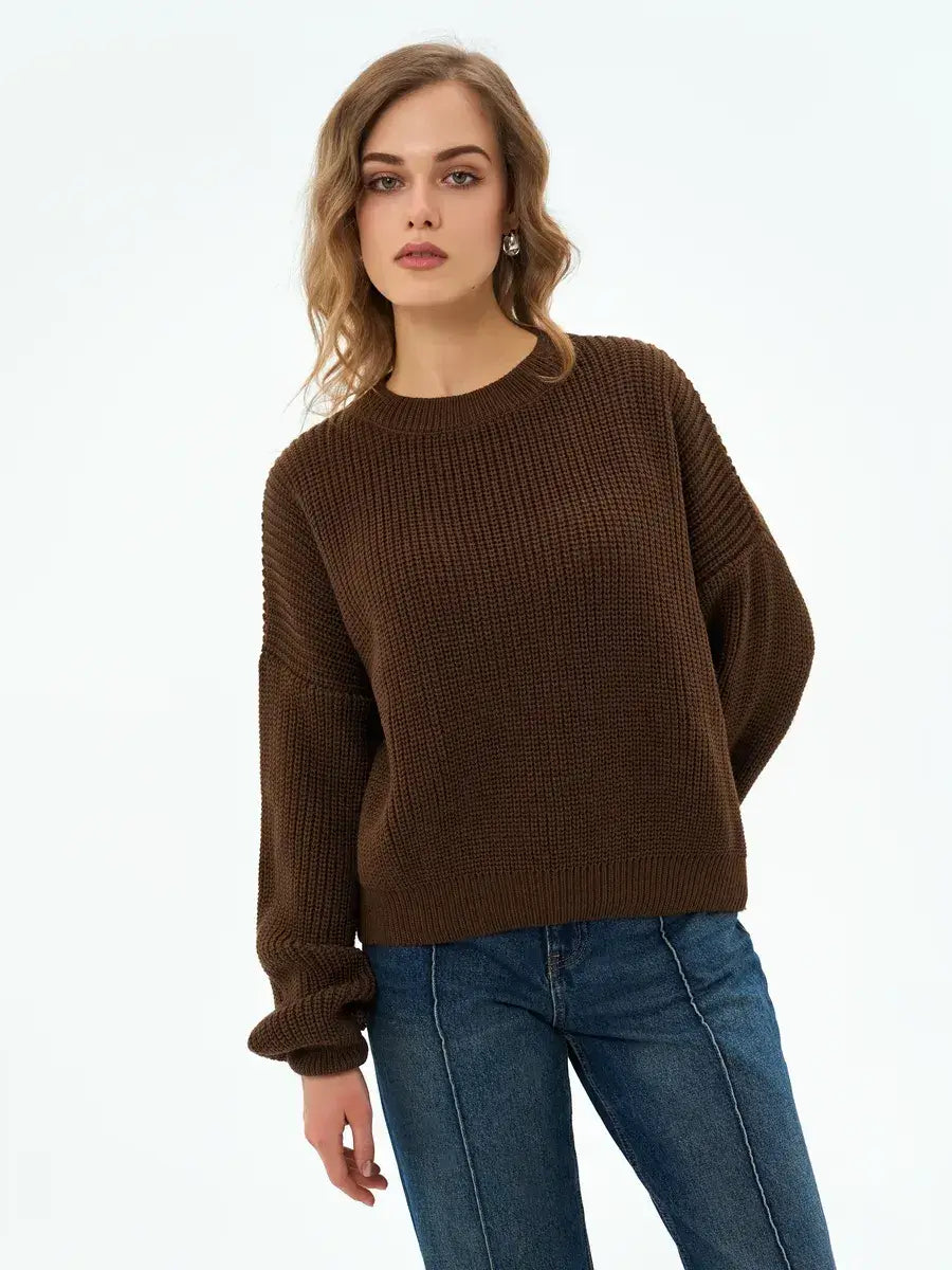 Orion Sweater by Lauven in chocolate brown, showcasing an oversized knitwear design and contemporary elegance.