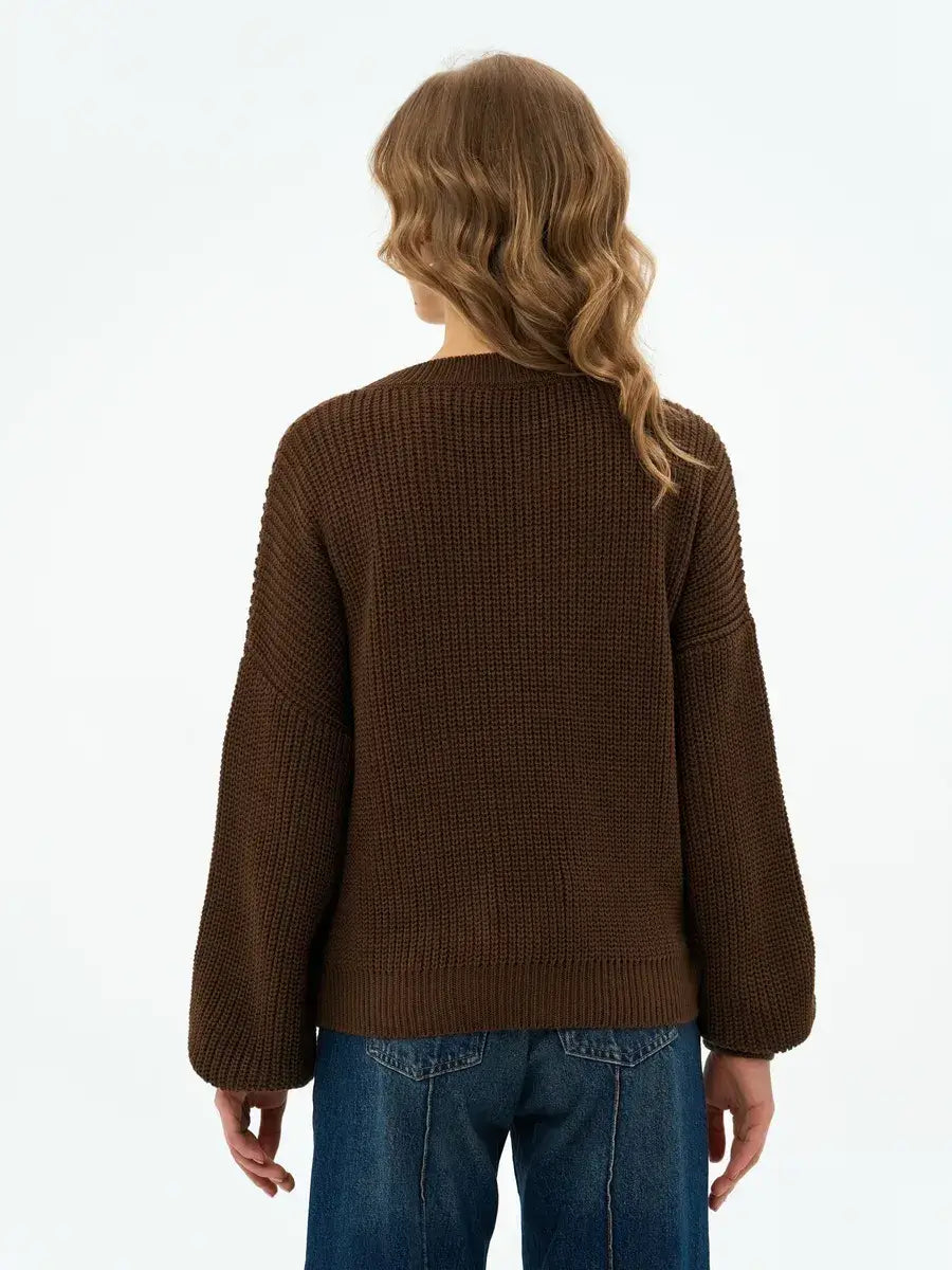 Orion Sweater by Lauven – Back view of chocolate brown oversized knitwear for women, showcasing comfort and style.