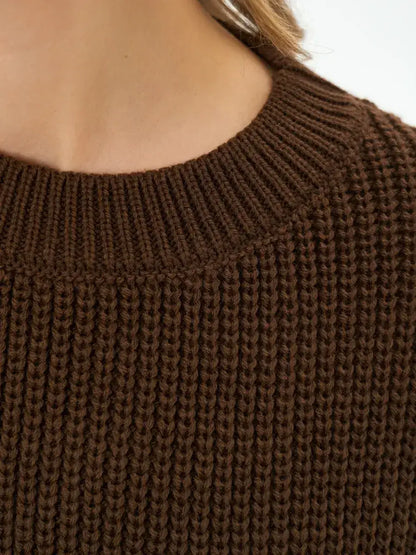 Orion Sweater by Lauven, detailed view of chocolate brown oversized knit neckline.