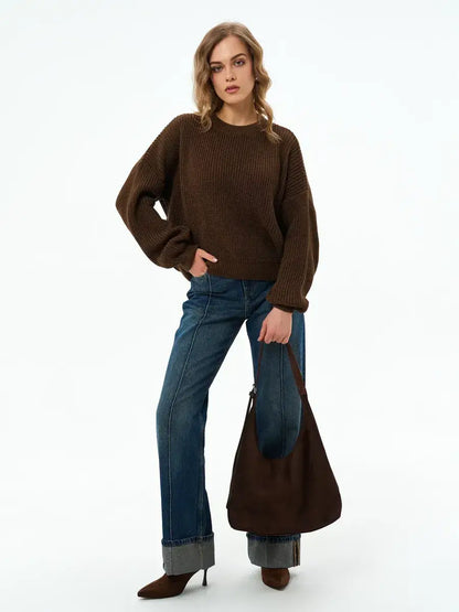 Orion Sweater by Lauven in chocolate brown, featuring oversized knitwear style, paired with denim and a handbag.