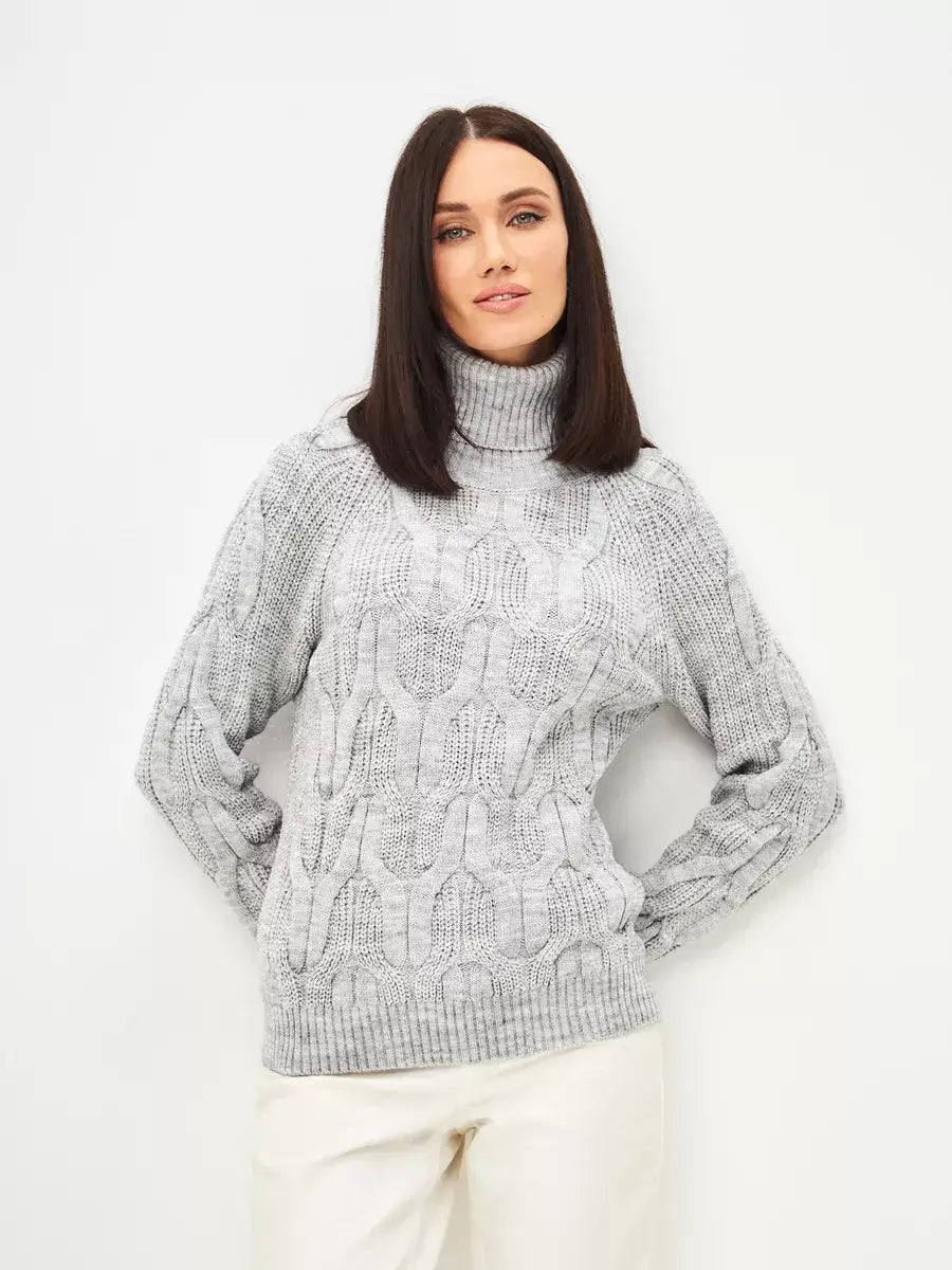 Osiris Sweater by Lauven - Oversized cable knit high neck in soft gray melange