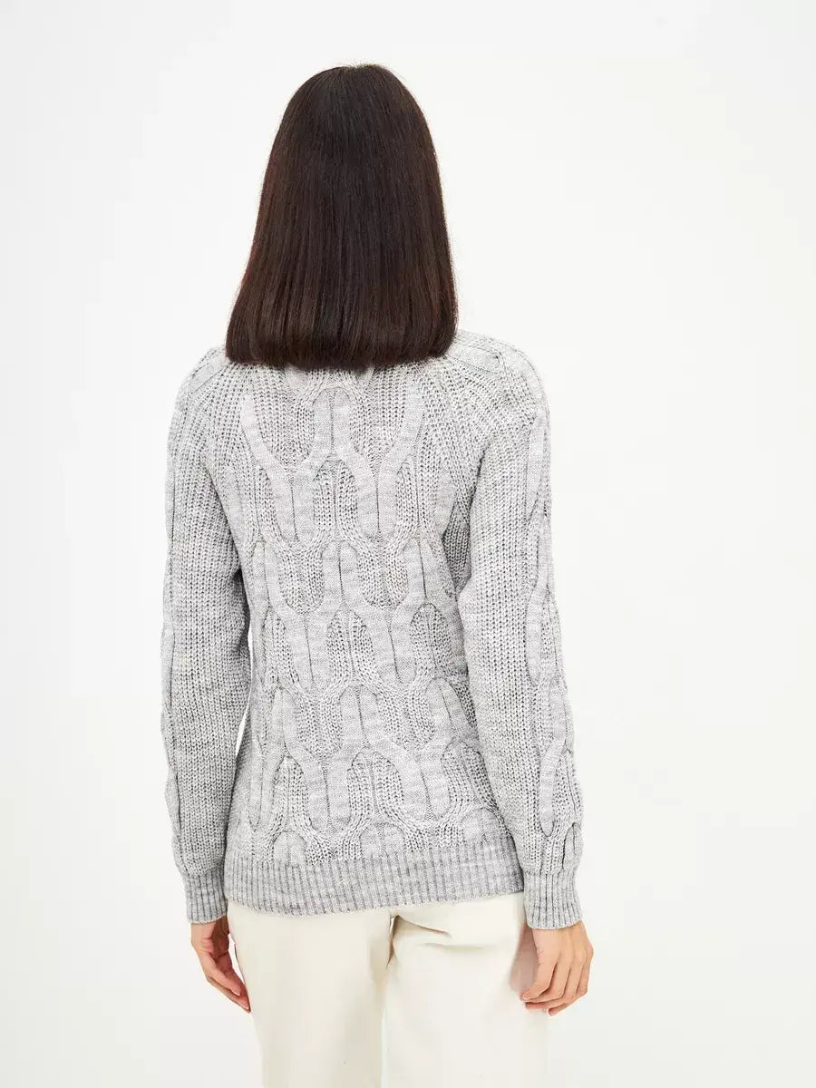 Osiris Sweater by Lauven, women's oversized cable knit sweater with high neck in soft gray melange.