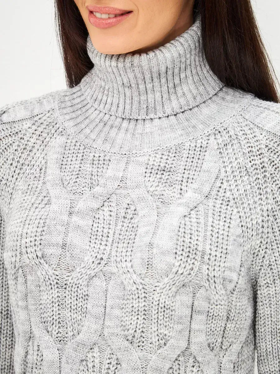 Osiris Sweater by Lauven featuring an oversized cable knit design and high turtleneck in soft gray melange.