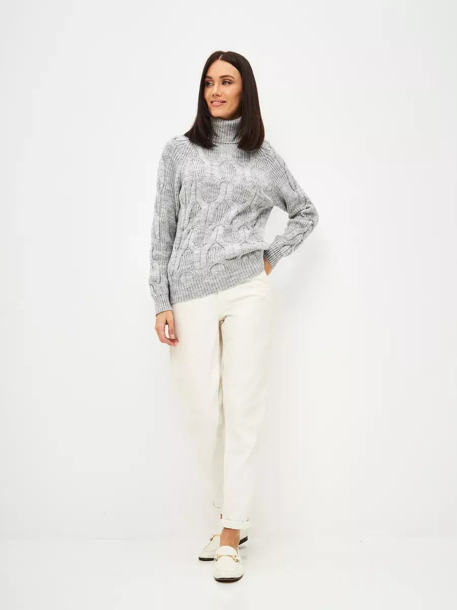Osiris Sweater by Lauven - Oversized cable knit with high neck in soft gray melange, styled with white pants.