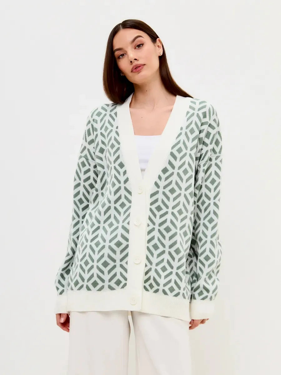 Pistachio Cardigan by Lauven in lightweight acrylic with geometric pattern, ideal for layering in style and comfort.