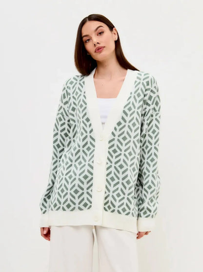 Pistachio Cardigan by Lauven in lightweight acrylic with geometric pattern, ideal for layering in style and comfort.