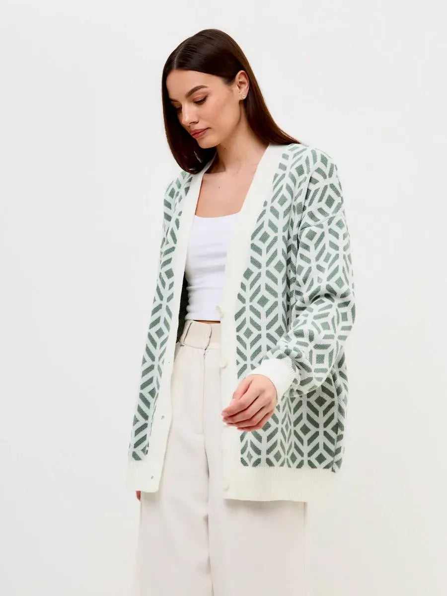 Pistachio Cardigan by Lauven, lightweight acrylic knitwear with a stylish geometric design and relaxed fit.