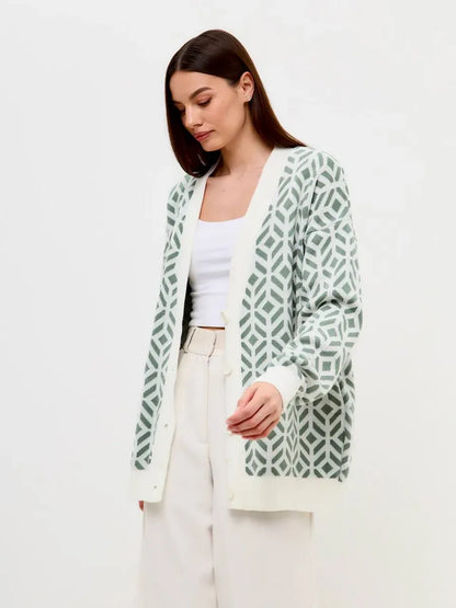 Pistachio Cardigan by Lauven, lightweight acrylic knitwear with a stylish geometric design and relaxed fit.
