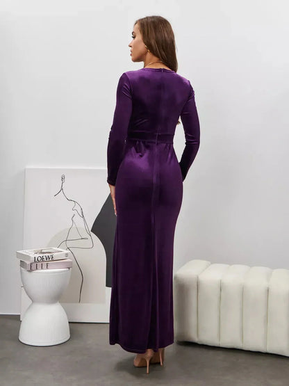 Model showcasing the back of the Plum Aura Maxi Dress in rich velvet, featuring a sleek silhouette and elegant design.