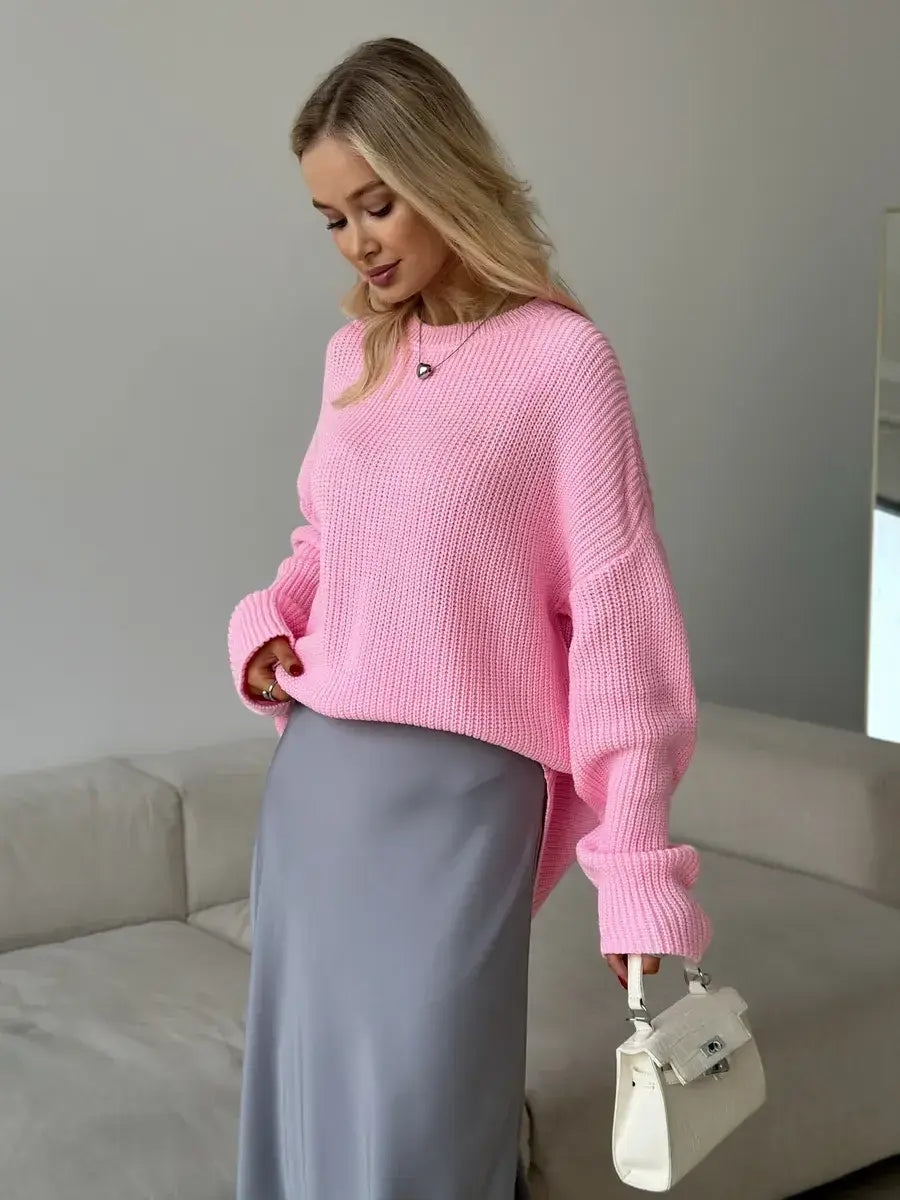 Poppy Sweater by Lauven, oversized light pink knit with crew neck, perfect casual women's fashion.