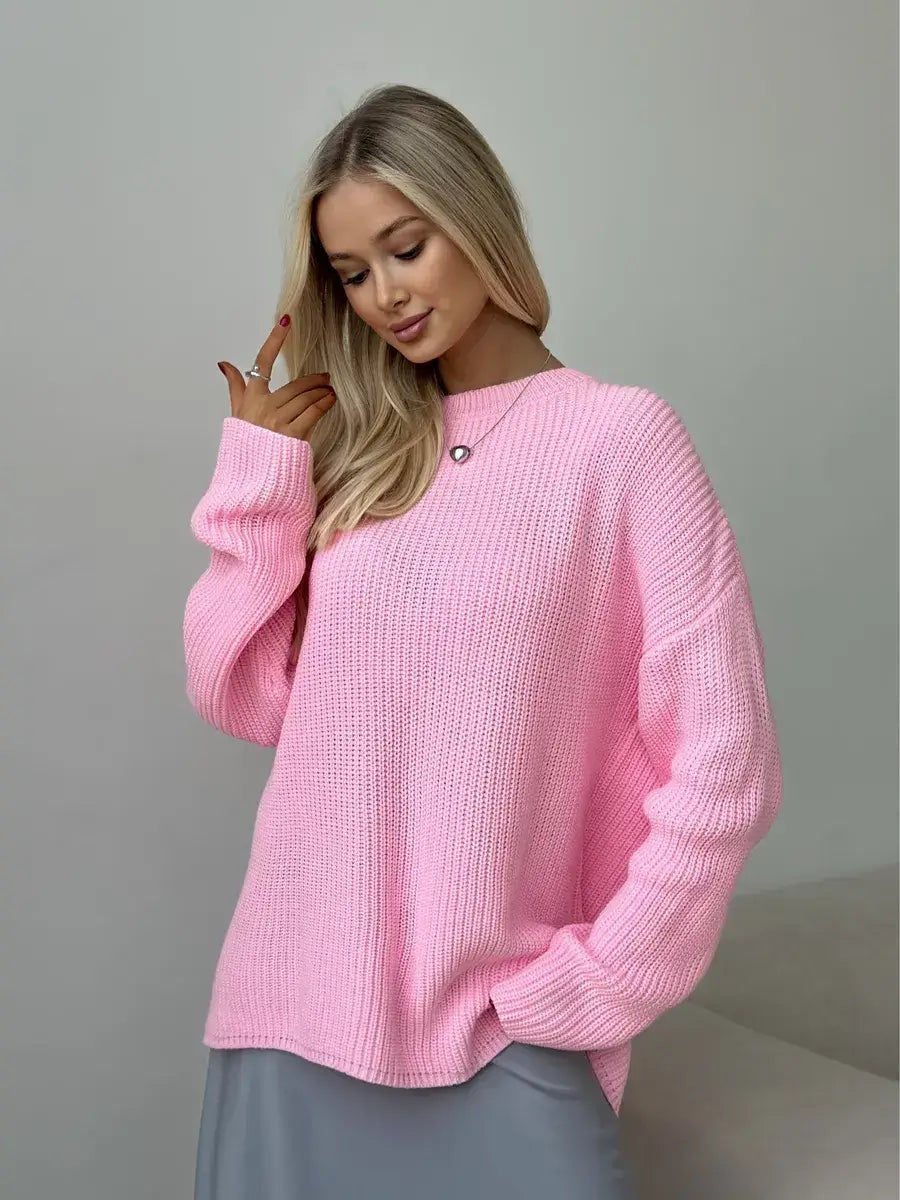 Poppy Sweater by Lauven - Oversized light pink knit with crew neck, perfect for casual style.