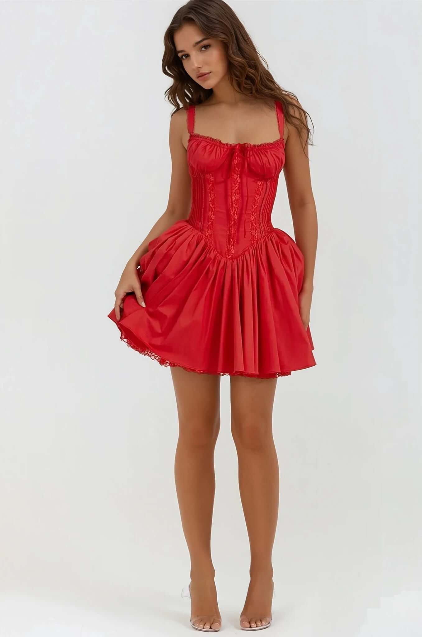 Red mini dress with corset details and a flared skirt, perfect for summer parties and evening events.