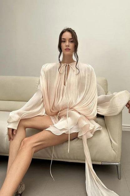 Rose Mini Dress in pleated chiffon, featuring a deep V-neckline and flowing silhouette, perfect for summer and elegant occasions.