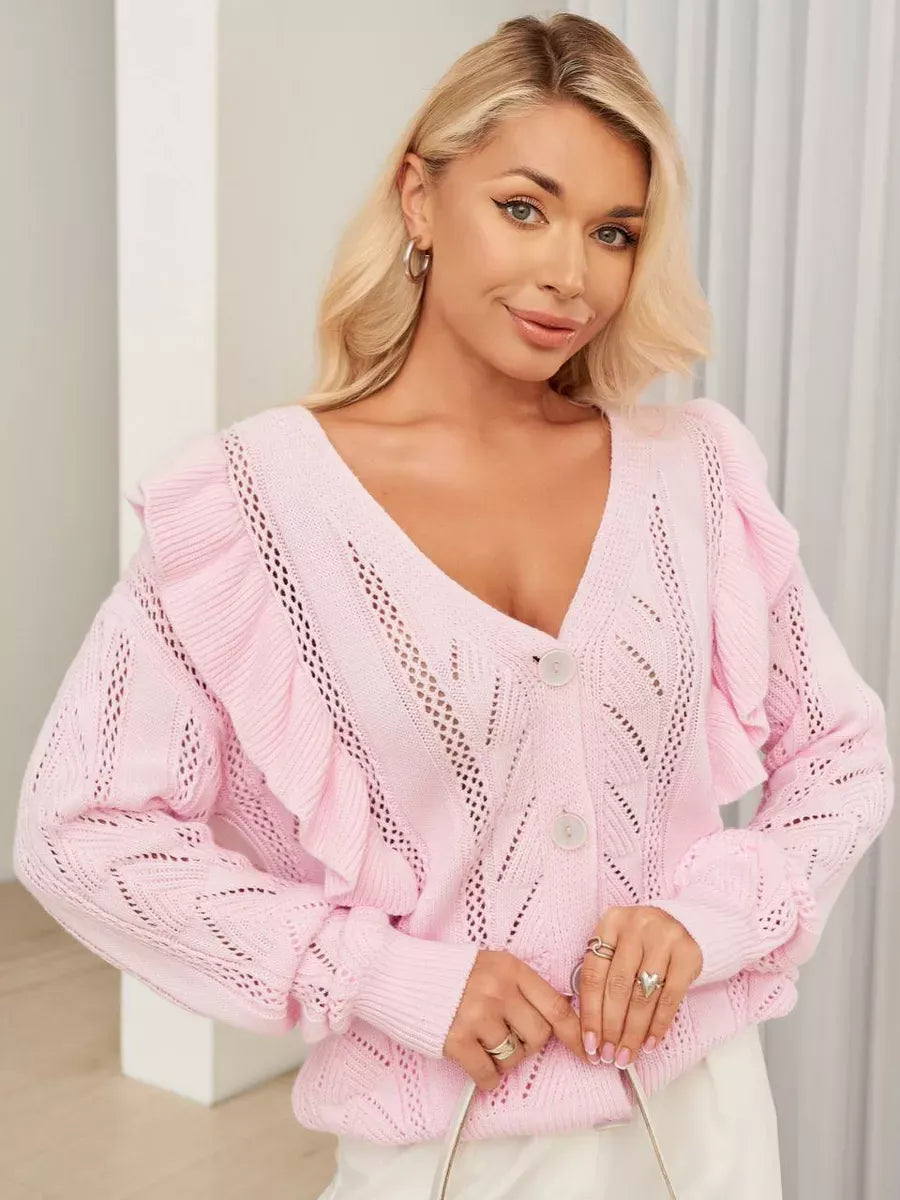 Roselle Cardigan by Lauven, feminine long pink knit with ruffles and button closure, perfect for elegant layering.