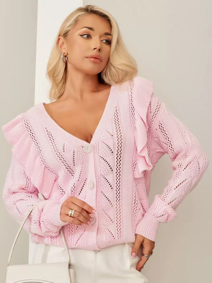 Roselle Cardigan by Lauven in long pink knit with ruffles and button closure, perfect for layering with charm.