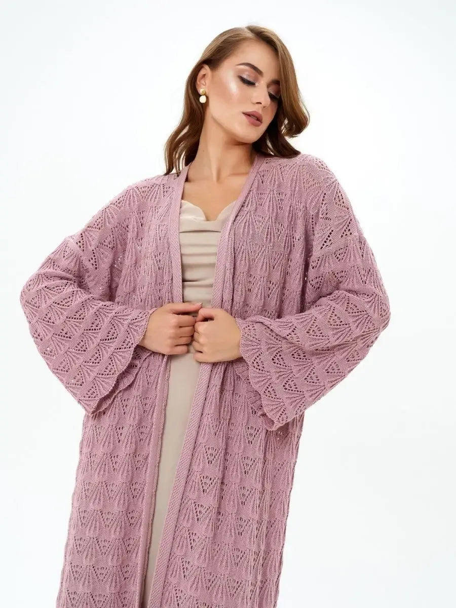 Rosemary Cardigan by Lauven in soft pink openwork knit, perfect lightweight summer layer.