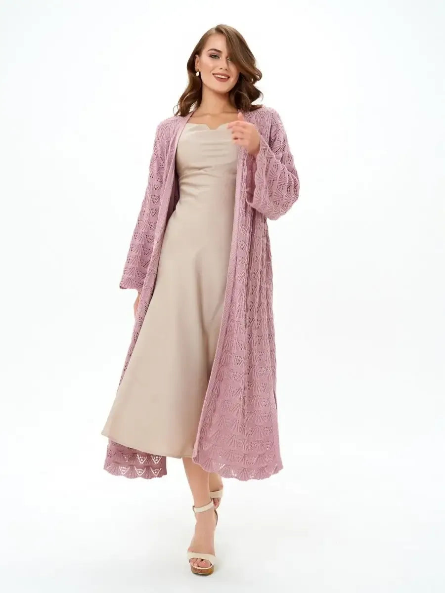 Rosemary Cardigan by Lauven, lightweight openwork lace cardigan in soft pink, perfect for summer layering.