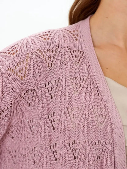 Rosemary Cardigan by Lauven, lightweight openwork summer cardigan in soft pink.