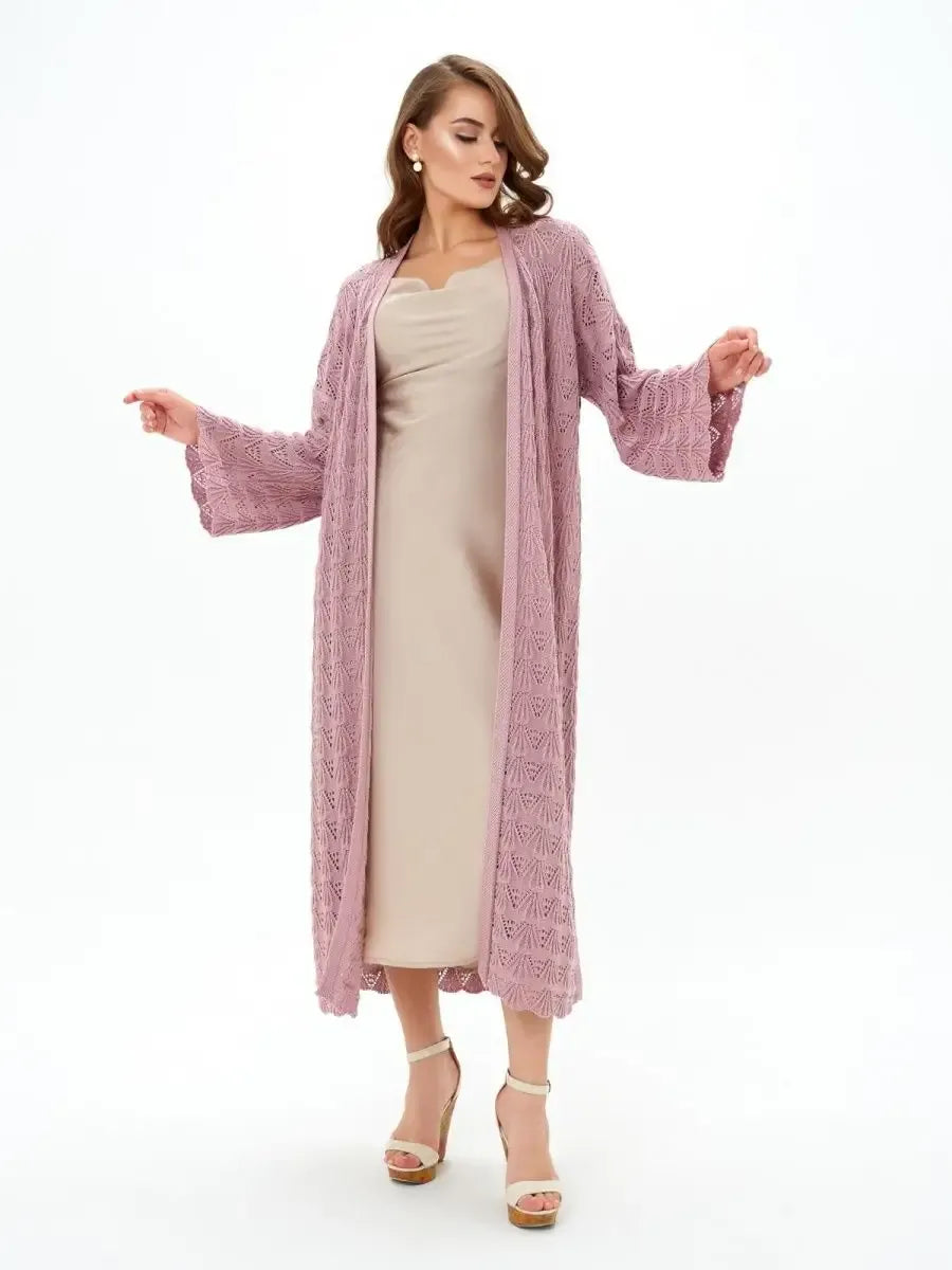 Rosemary Cardigan by Lauven, lightweight openwork summer cardigan in soft pink, featuring intricate lace patterns.