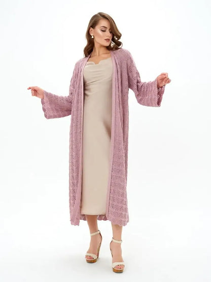Rosemary Cardigan by Lauven, lightweight openwork summer cardigan in soft pink, featuring intricate lace patterns.