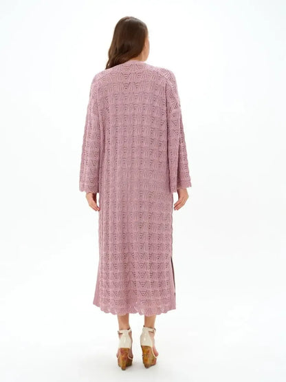 Rosemary Cardigan by Lauven - Lightweight openwork summer cardigan in soft pink with intricate lace patterns.