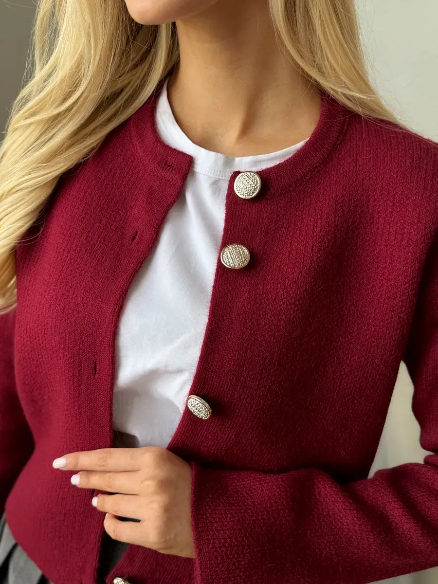Roslyn Cardigan by Lauven in elegant burgundy, featuring button closure and a cropped knitwear design for women.
