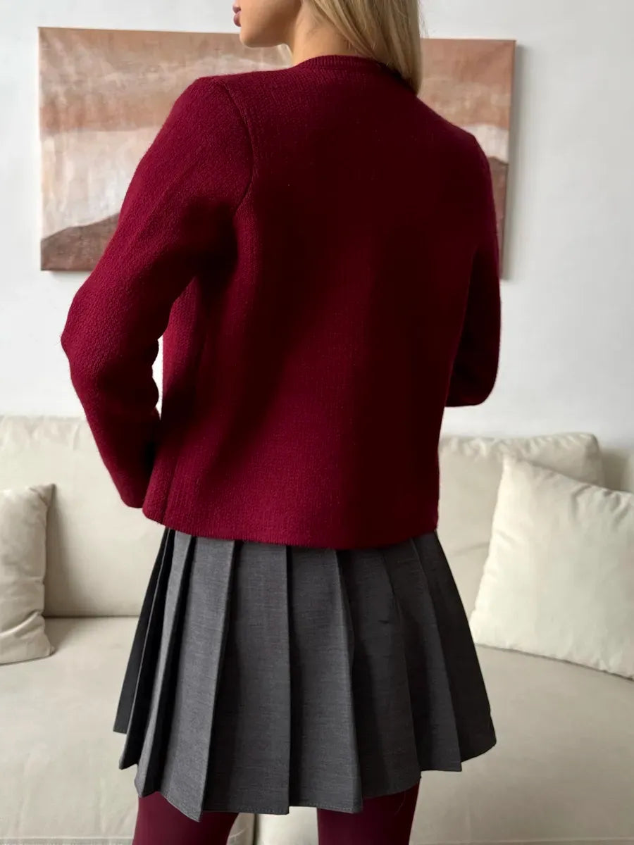 Roslyn Cardigan by Lauven, elegant burgundy cropped knitwear, featuring a relaxed fit and button closure.