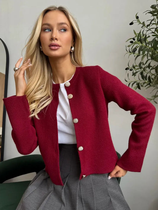 Roslyn Cardigan by Lauven - Elegant burgundy cropped knitwear with button closure.