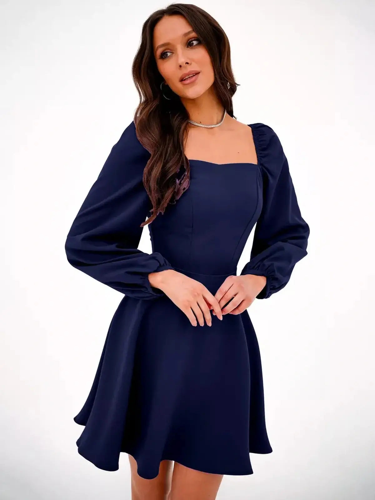 Navy blue long sleeve mini dress with square neckline, perfect for weddings and summer occasions.