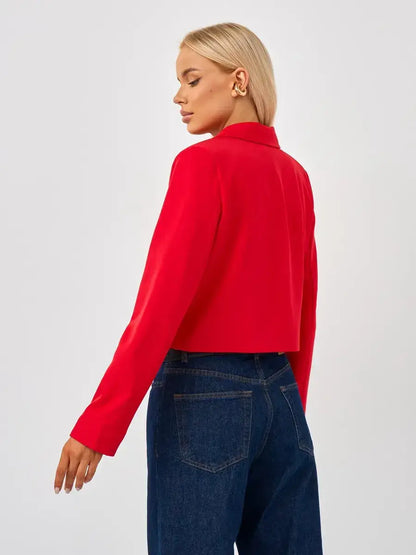 Ruby Blazer by Lauven, back view showcasing cropped red elegance and tailored design for versatile styling.