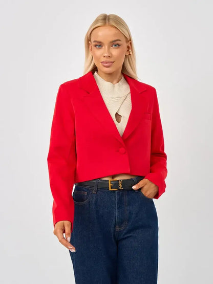 Ruby Blazer by Lauven - Cropped classic tailored red elegance for versatile styling.