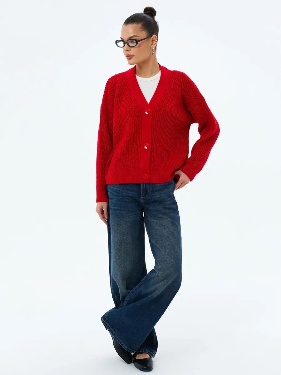 Ruby Cardigan by Lauven – Oversized cropped red knitwear with button closure, perfect for layering.