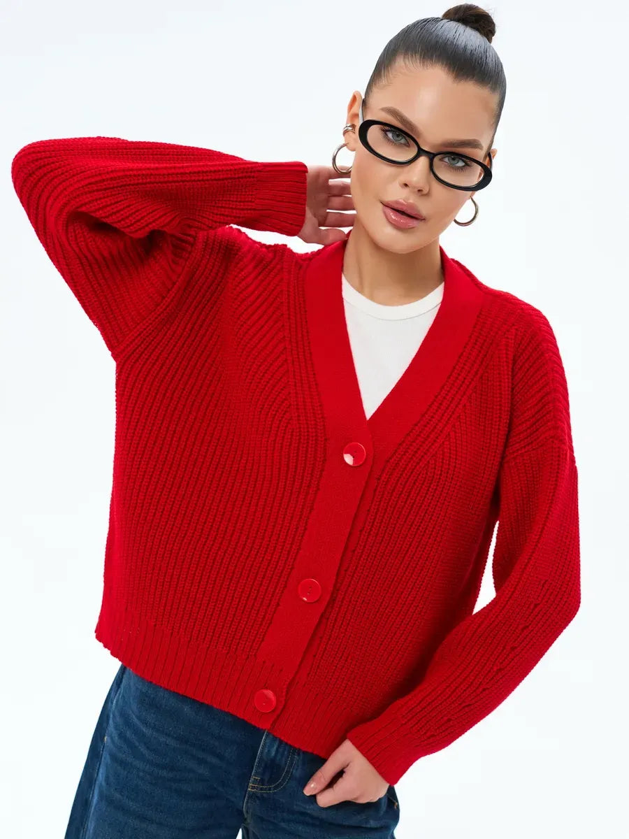 Ruby Cardigan by Lauven - Oversized cropped red knitwear with button closure for stylish layering.