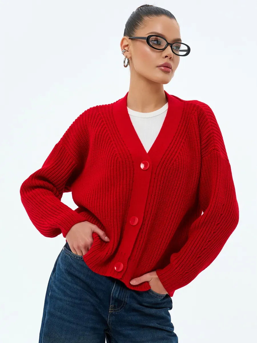 Ruby Cardigan by Lauven – Oversized cropped knitwear in vibrant red with button closure, perfect for layering.