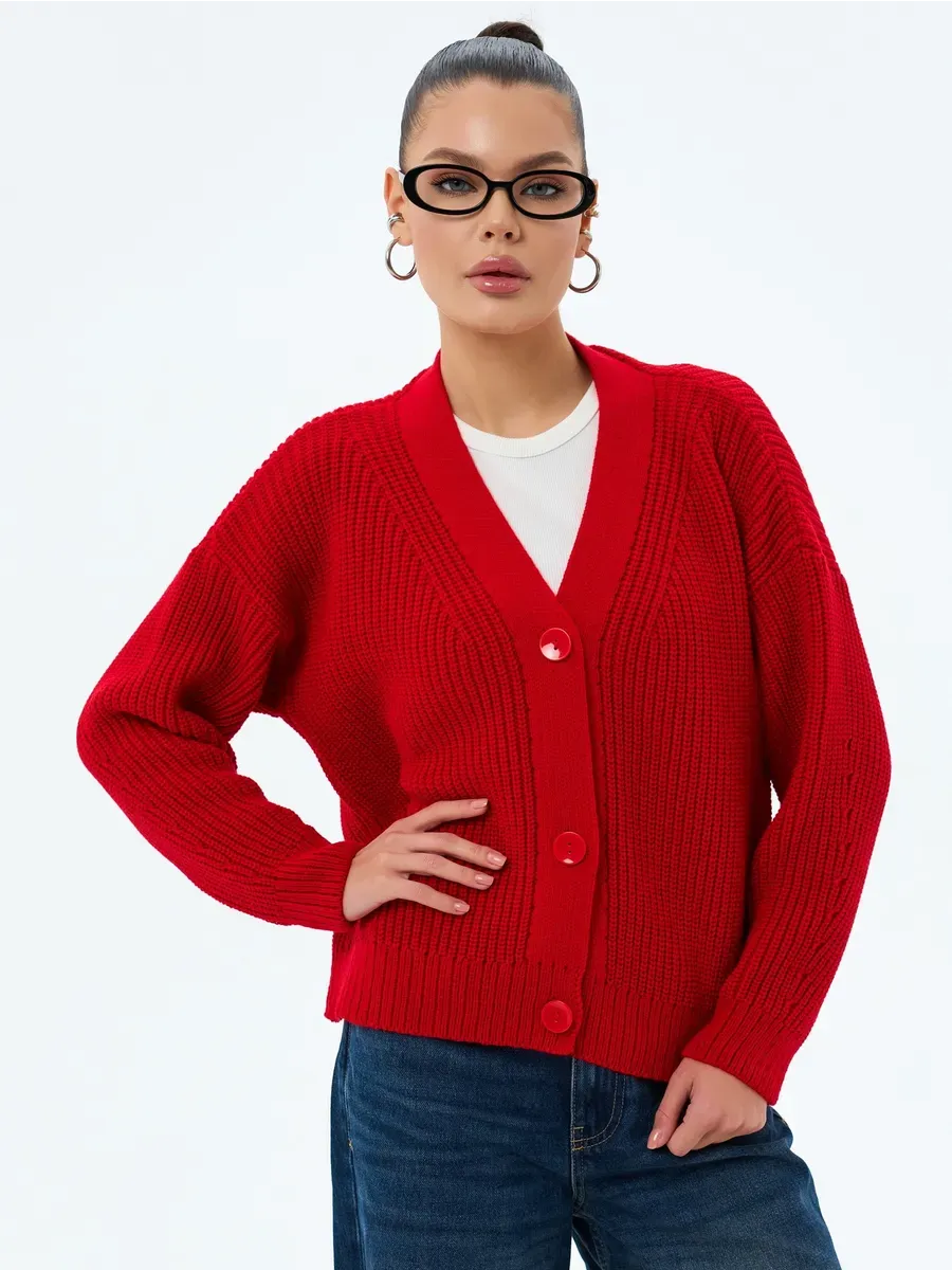 Ruby Cardigan by Lauven - Oversized cropped knitwear in vibrant red with button closure.