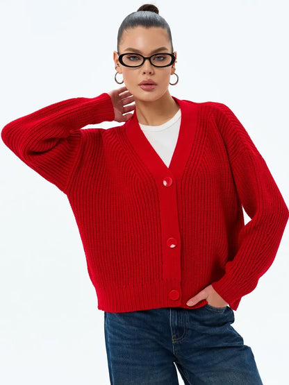 Ruby Cardigan by Lauven – Oversized cropped knitwear in vibrant red with button closure, perfect for layering.
