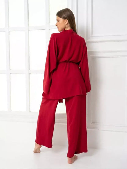 Ruby Suit Set by Lauven - Elegant oversized two-piece set in rich pink, showcasing comfortable wide-leg trousers.