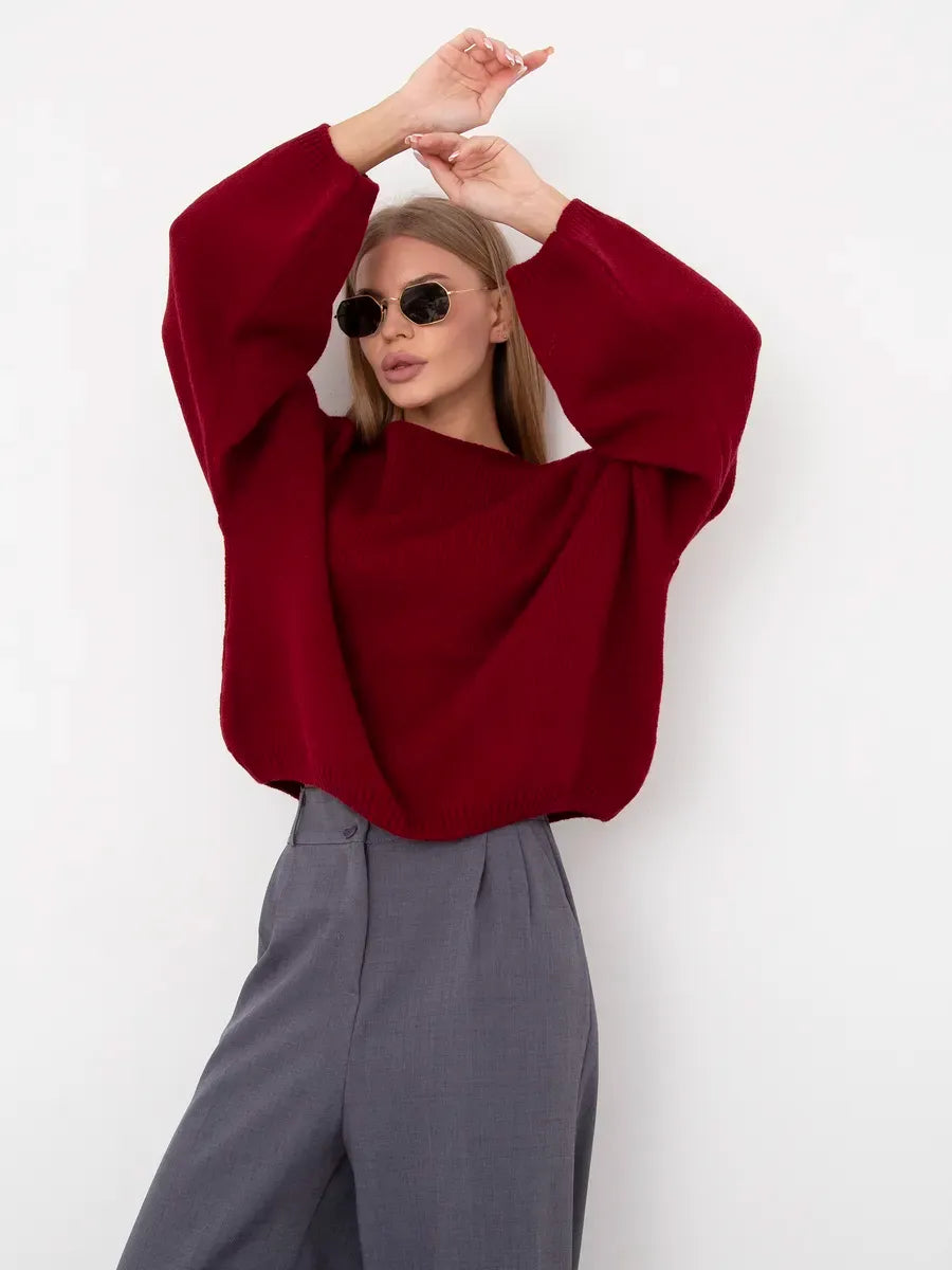 Ruby Sweater by Lauven - Oversized knit sweater in deep ruby red with boat neck and stylish design for women.