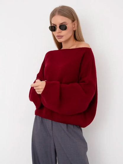 Ruby Sweater by Lauven - Oversized women’s knit sweater in deep ruby red with boat neck.
