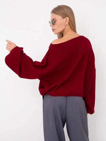 Ruby Sweater by Lauven - Oversized women's knit sweater in deep ruby red with boat neck design.