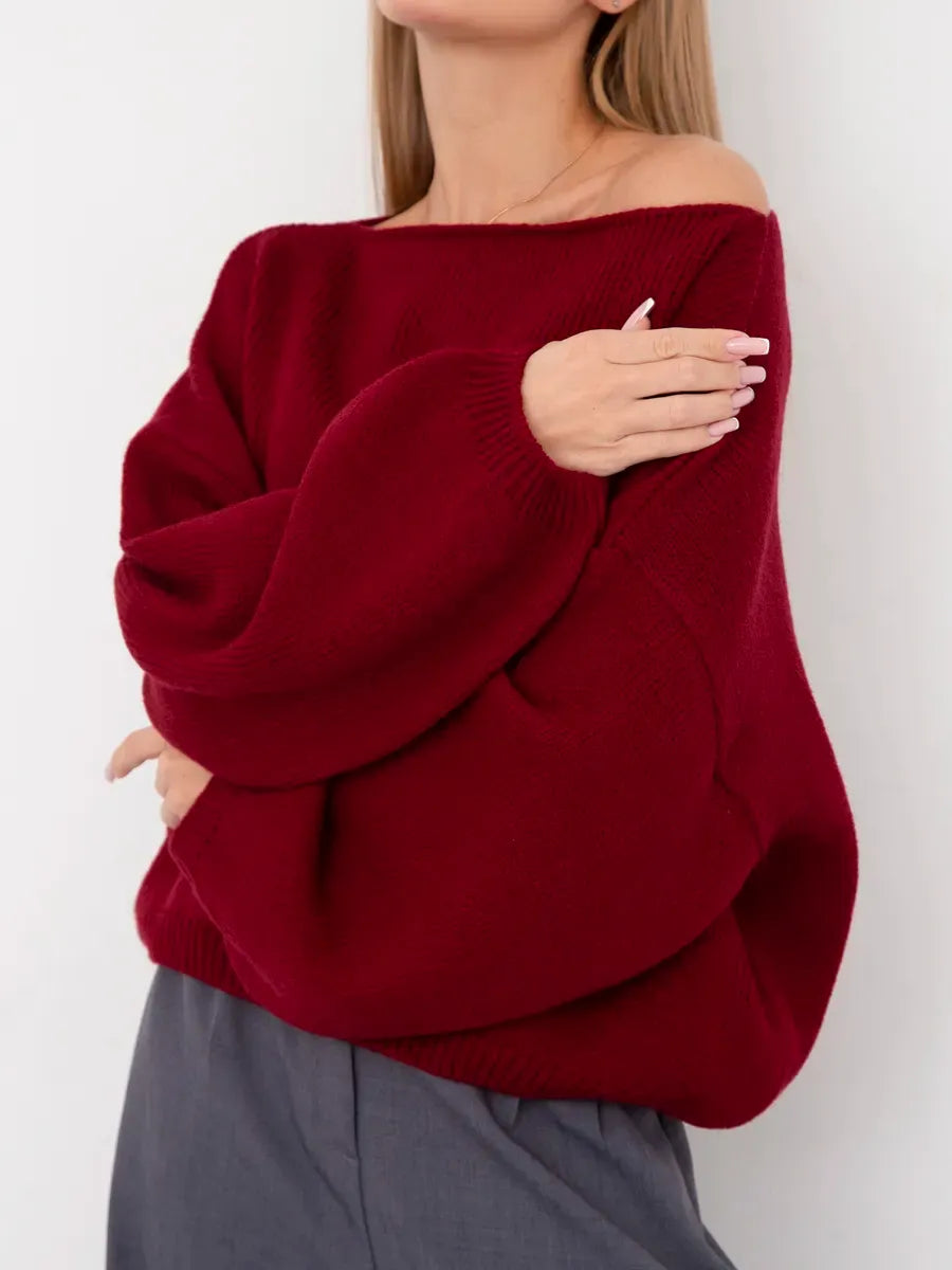Ruby Sweater by Lauven - Oversized women's knit sweater in deep ruby red with boat neck design.