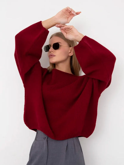 Ruby Sweater by Lauven, oversized women's knit sweater in deep ruby red with boat neck and relaxed fit.